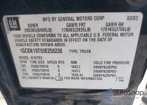 2003 Chevrolet Silverado 1500 Lt из США, поврежденный, VIN 1GCEK19T93E258236